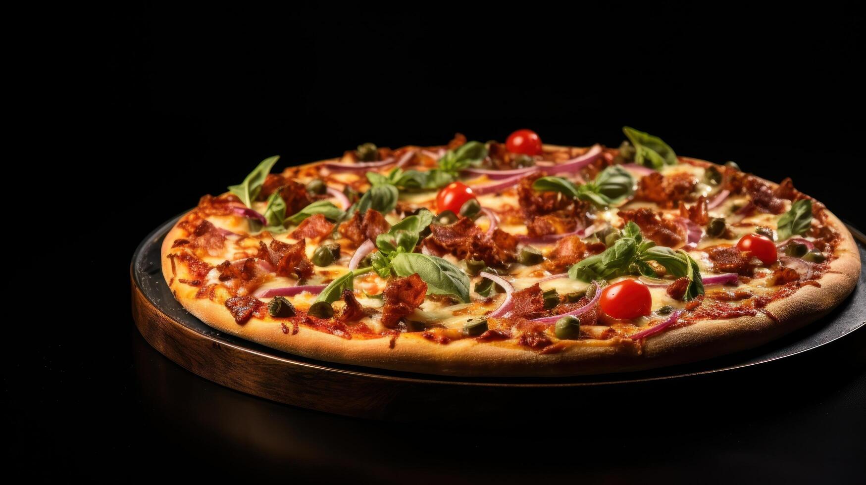 AI generated pepperinu pizza on black background with copy space photo