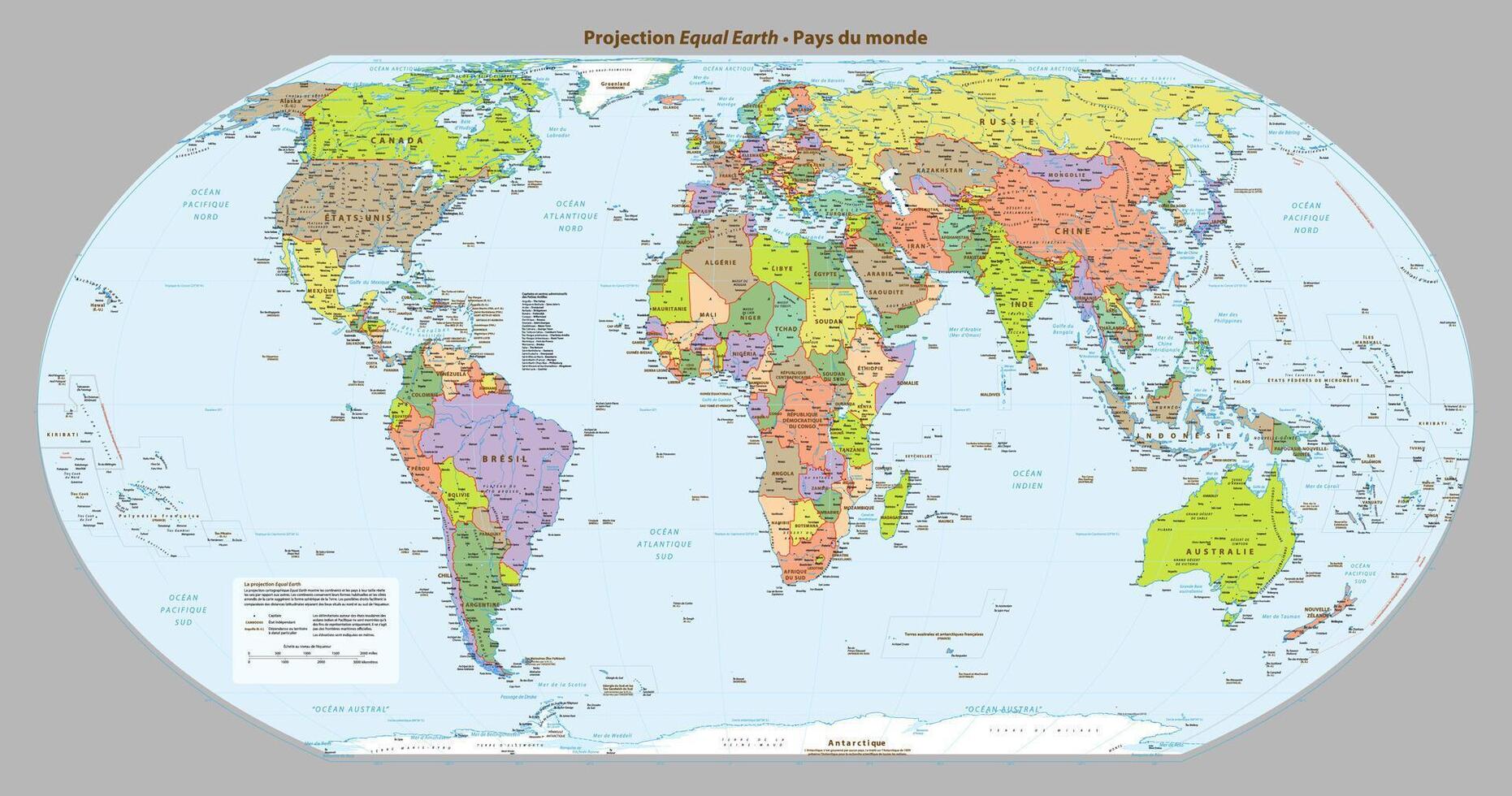 francés idioma político mapa de el mundo igual tierra proyección vector