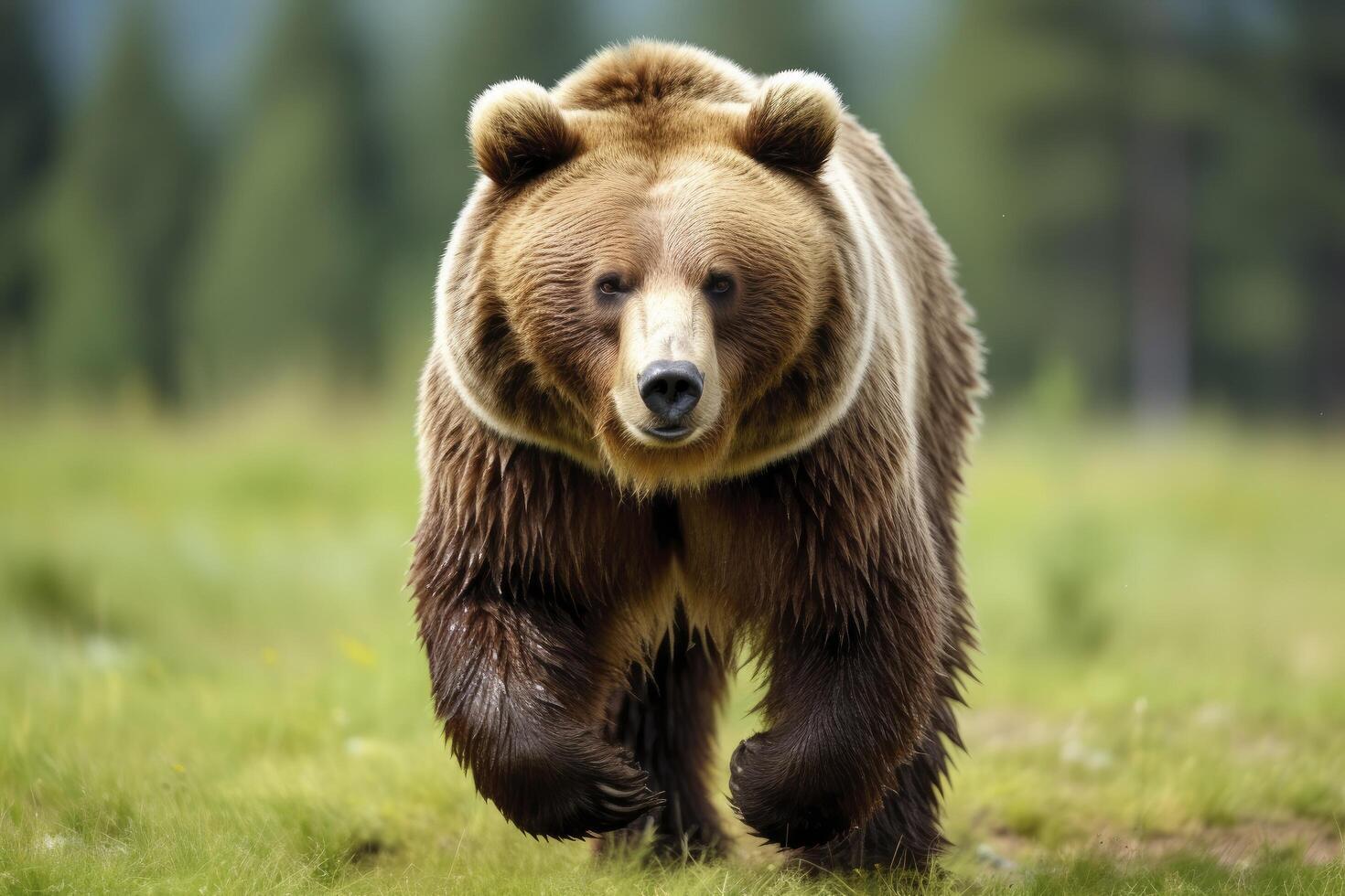 AI generated Brown bear moving on the green meadow in springtime nature. AI Generated photo