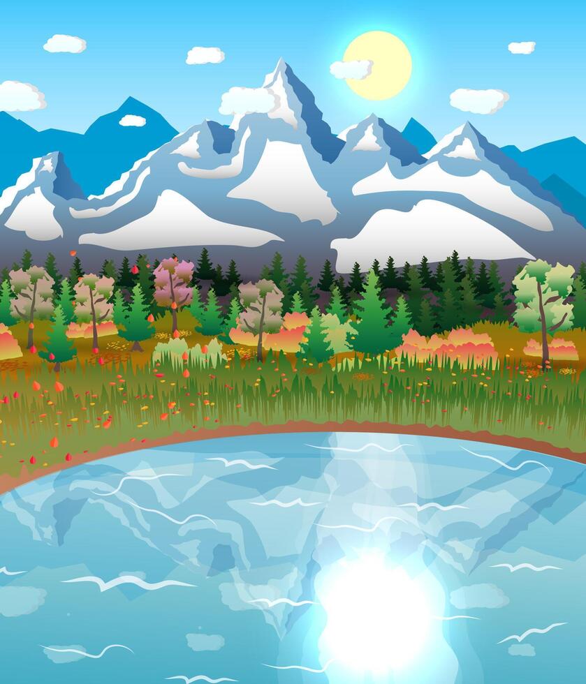 nature landscape with forest, lake and mountains sun. vector illustration