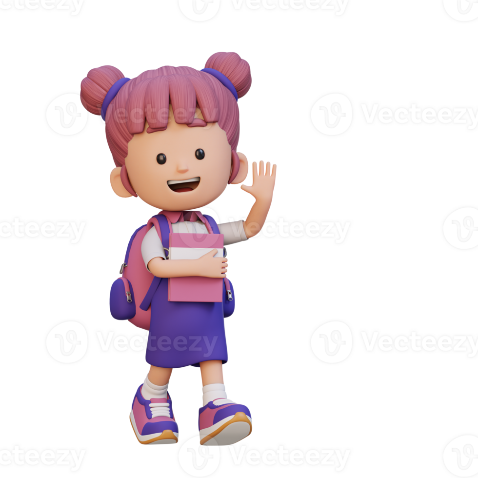 3D happy girl character walking go to school holding book and waving hand png