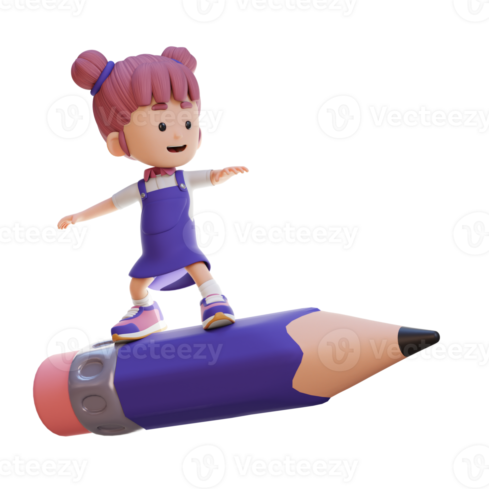 3D girl character standing riding a pencil png