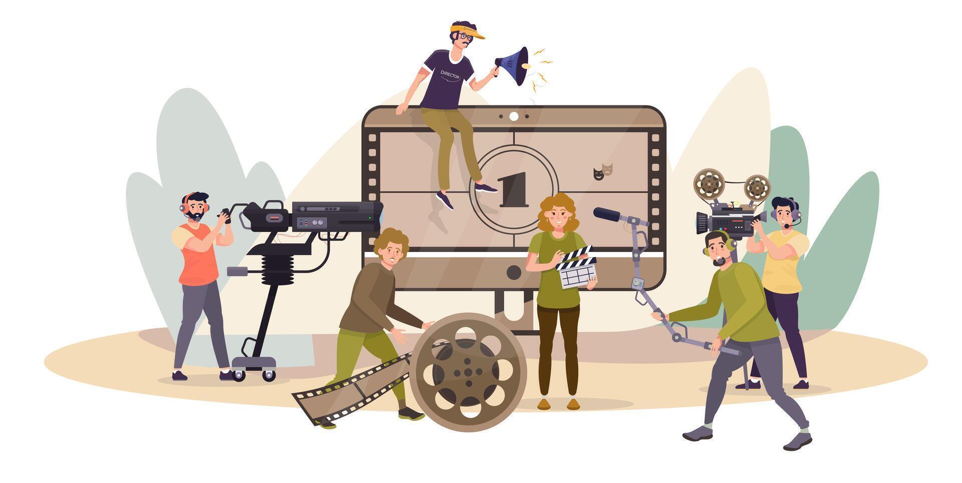 Filmmaking, video industry concept. Video editor illustration. Motion design, animation. Director, designers, editors, operators. Multimedia, visual content making. Trend promotion. shooting. vector