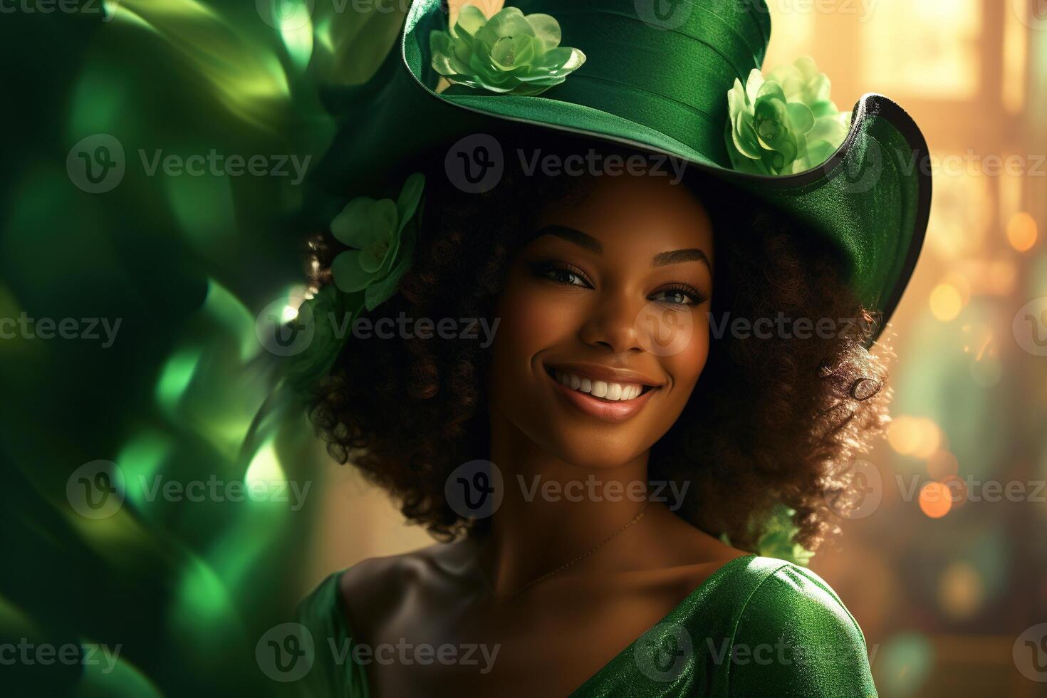 AI generated St. Patrick's Day. Portrait of a beautiful young woman wearing a leprechaun hat. photo