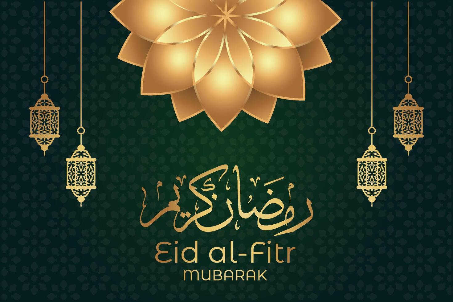 Ramadan eid al-fitr mubarak greeting card with lanterns and arabic call vector