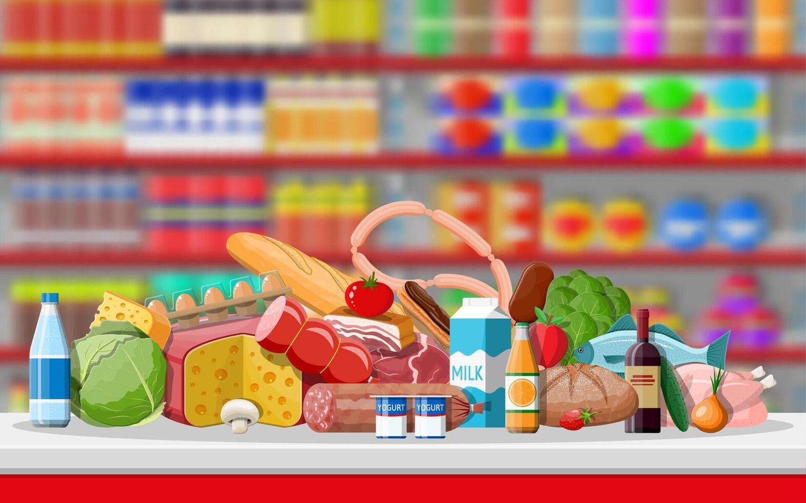 Supermarket store interior with goods. Big shopping mall. Interior store inside. Checkout counter, grocery, drinks, food, fruits, dairy products. Vector illustration in flat style