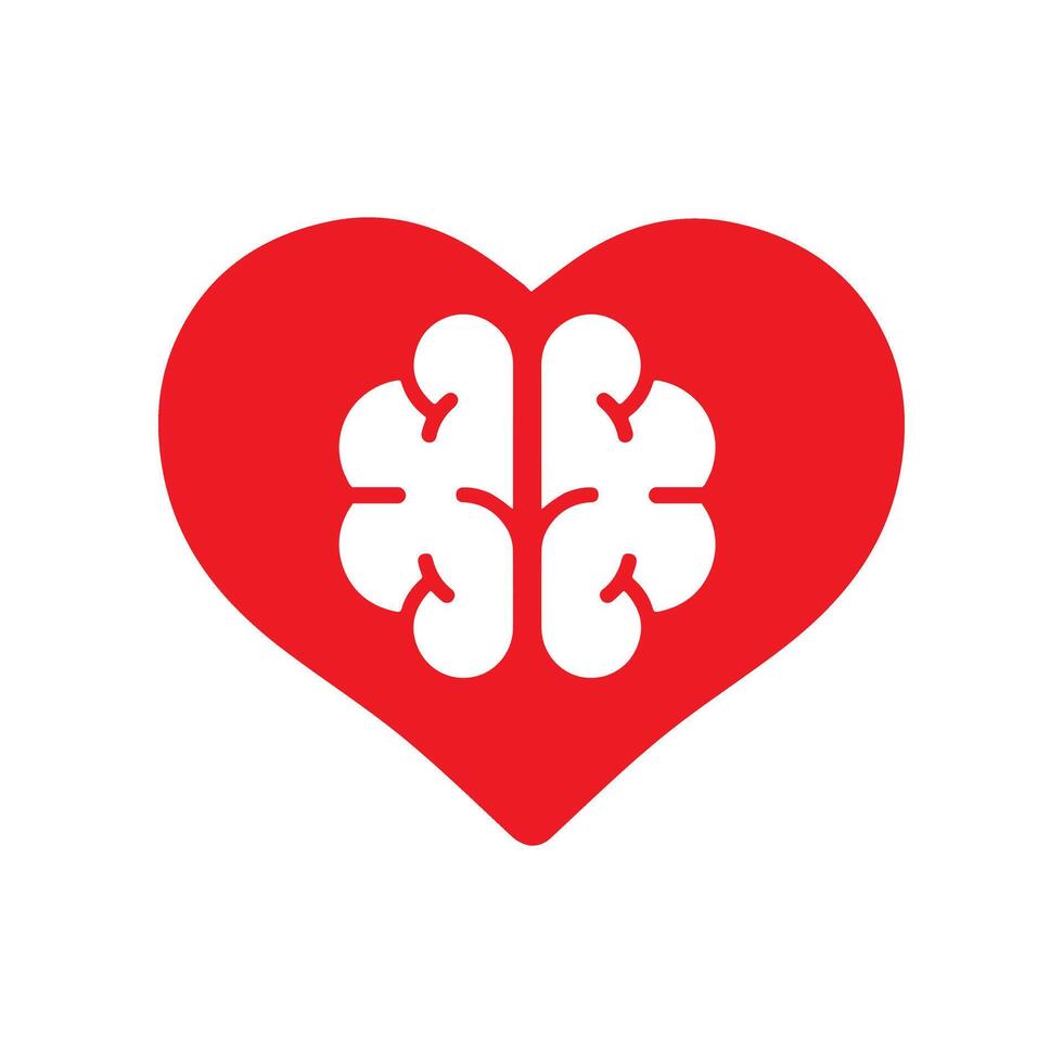 Brain and heart isolated on a whit background. Brain in love. Conflict between emotions and rationality. Icon or logo. Red color. Simple modern design. Valentine's day. Flat style vector illustration.