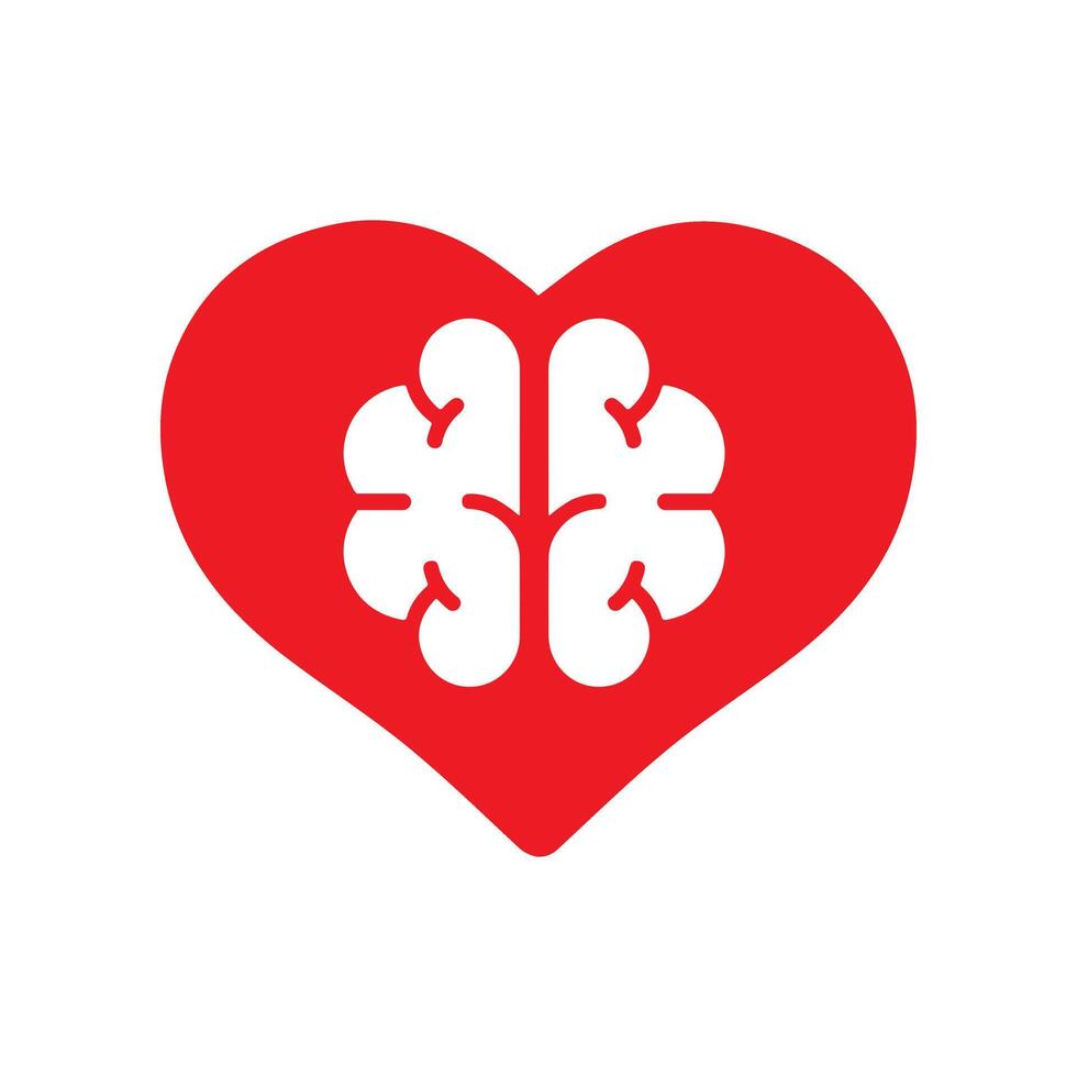 cerebro y corazón aislado en un pizca antecedentes. cerebro en amor. conflicto Entre emociones y racionalidad. icono o logo. rojo color. sencillo moderno diseño. San Valentín día. plano estilo vector ilustración.