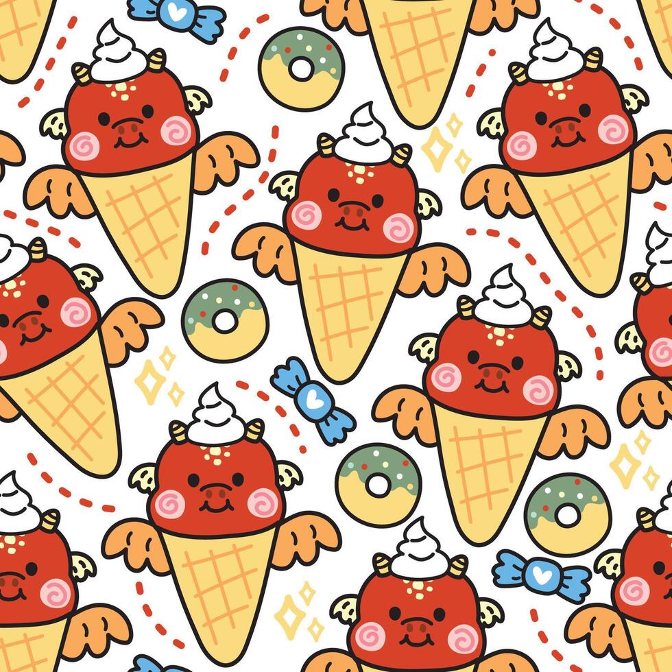 Seamless pattern of cute red dragon ice cream with donut and candy on white background.Chinese animal character cartoon design.Zodiac.Sweet and dessert.Kawaii.Vector.Illustration. vector