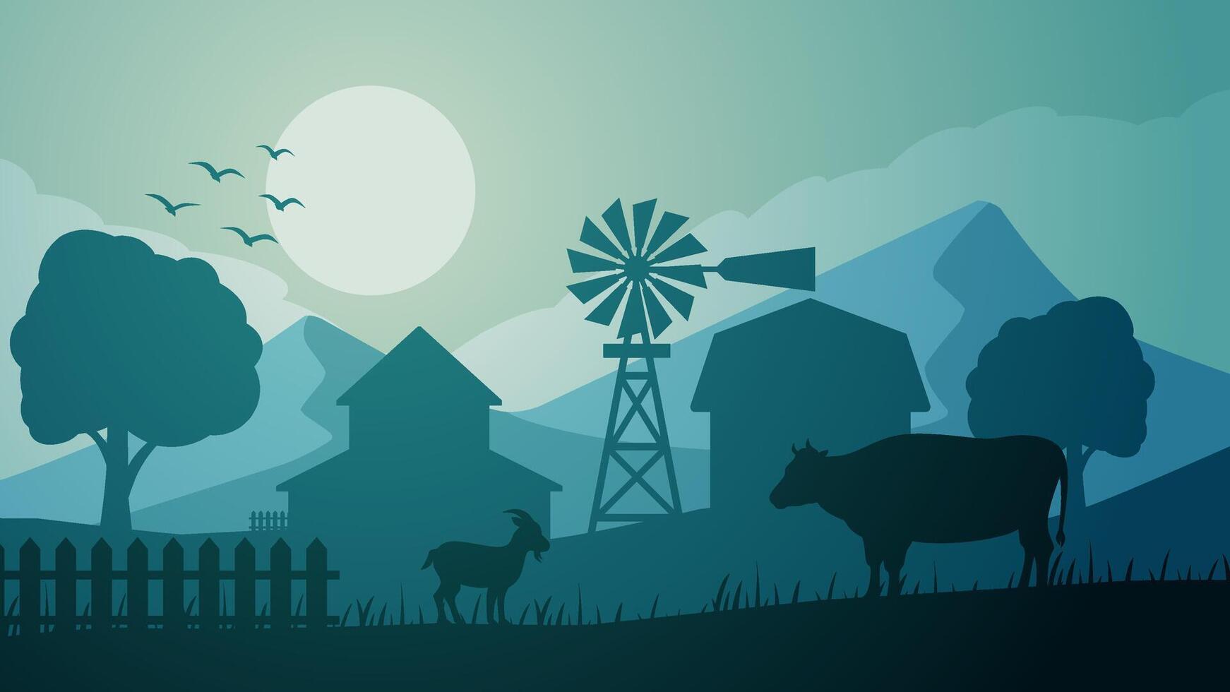 Farmland silhouette landscape vector illustration. Scenery of livestock cow and goat in the countryside farm. Rural landscape for illustration, background or wallpaper