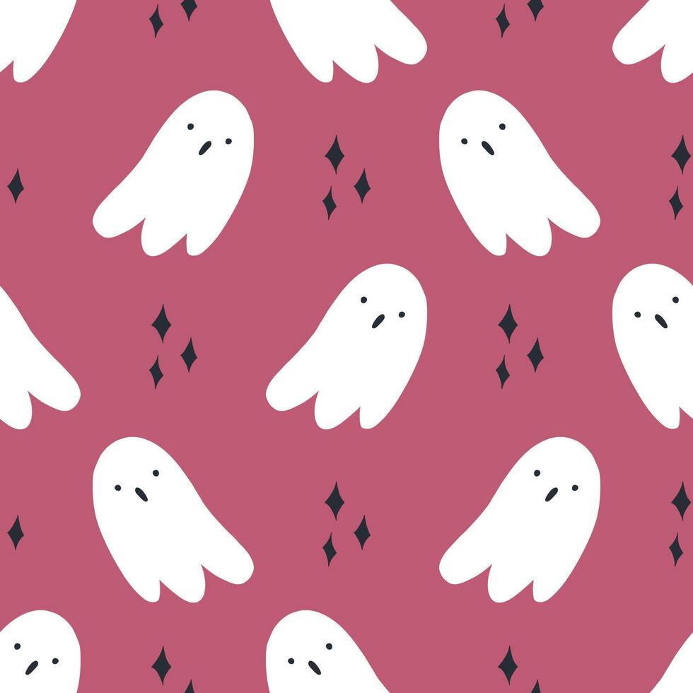 Cute hand drawn ghost seamless pattern on pink background. Funny Halloween pattern with cartoon ghosts. Autumn holiday celebration. Great for wrapping paper. vector