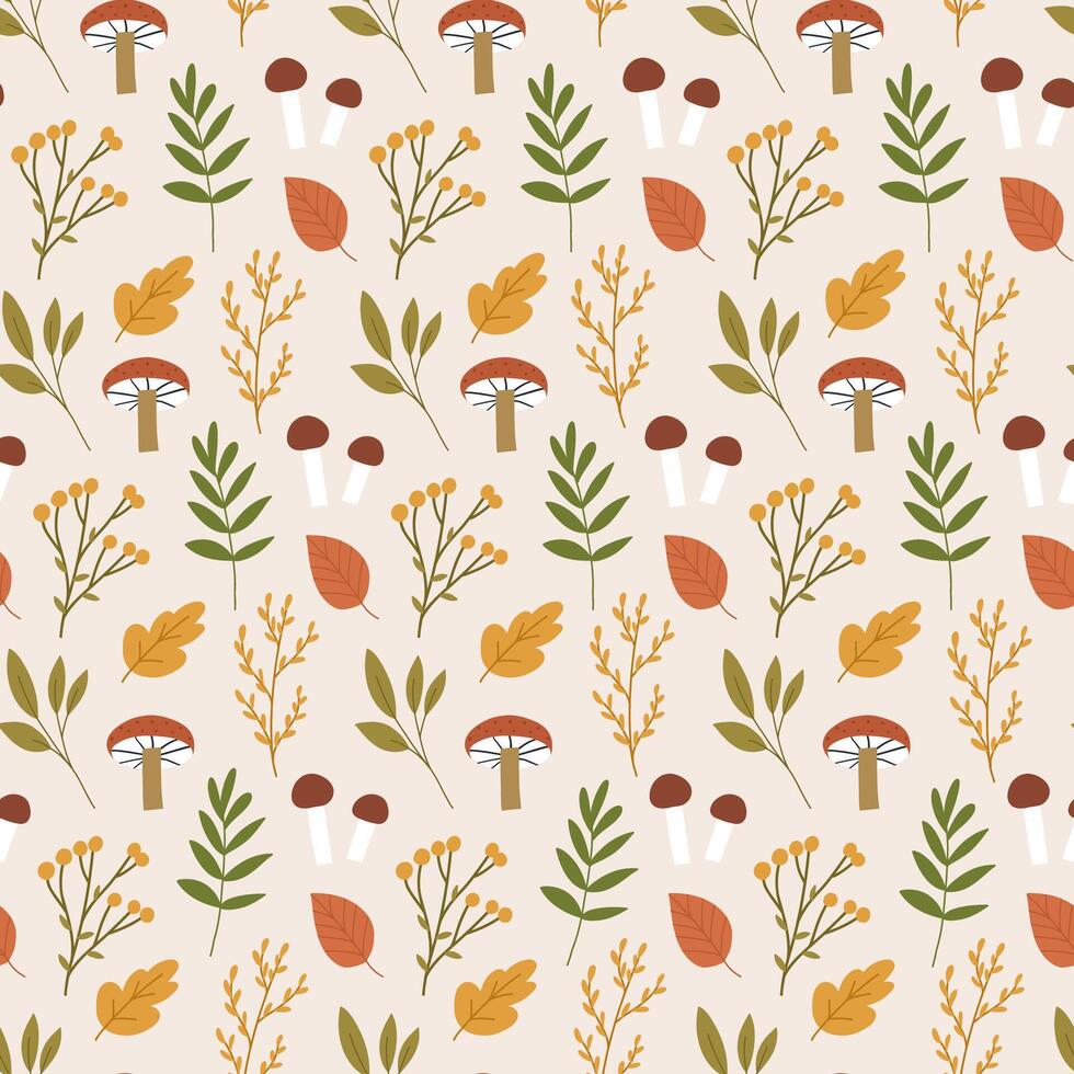 Autumn botany, hand drawn seamless pattern in cute flat style. Beige background with fall seasonal plants, flowers, leaves and mushrooms. Nature concept. vector