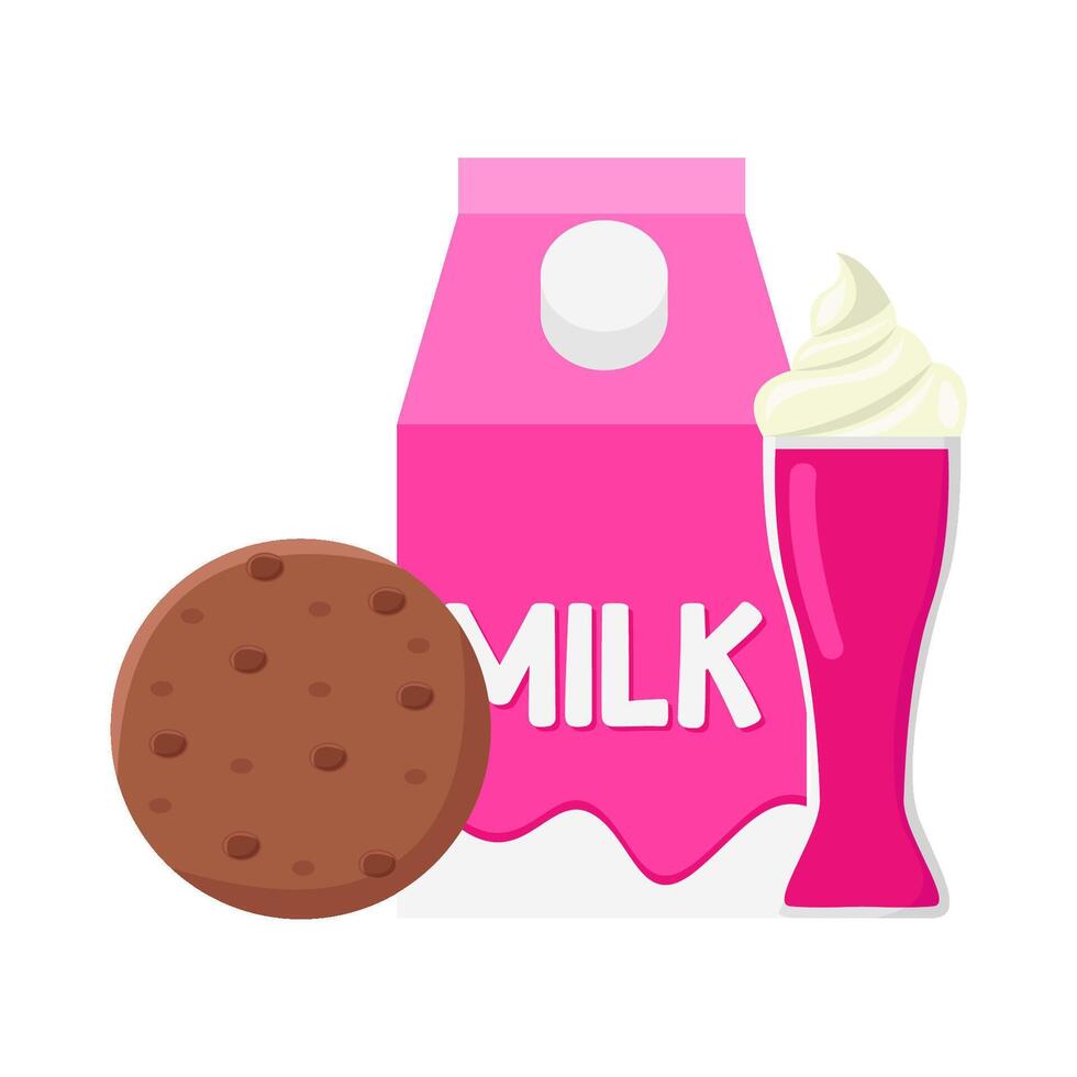 milkshake strawberry, box milk with cookies illustration vector