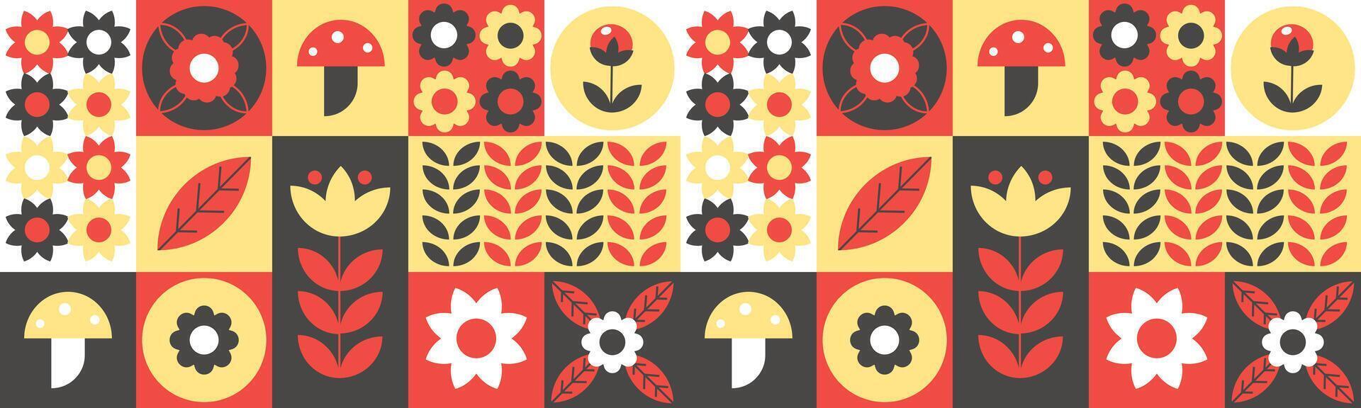 Geometric natural pattern. Abstract floral poster leaves, flowers and mushrooms.Seamless pattern vector