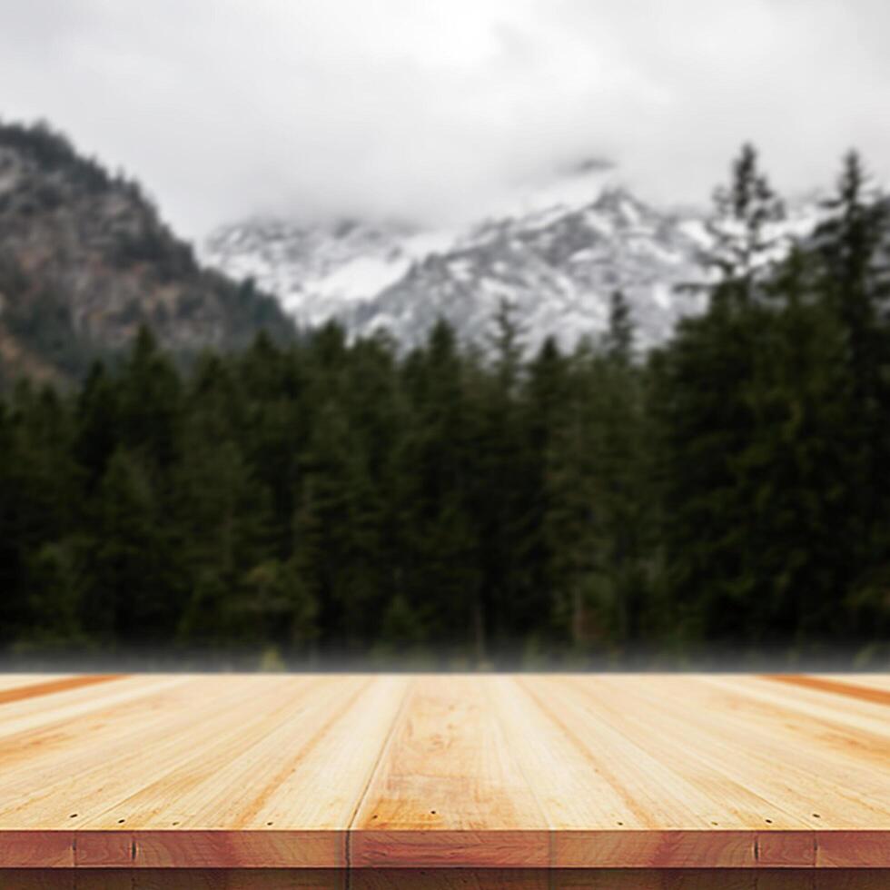 Wooden table top on nature background - can be used for montage or free display of your products photo