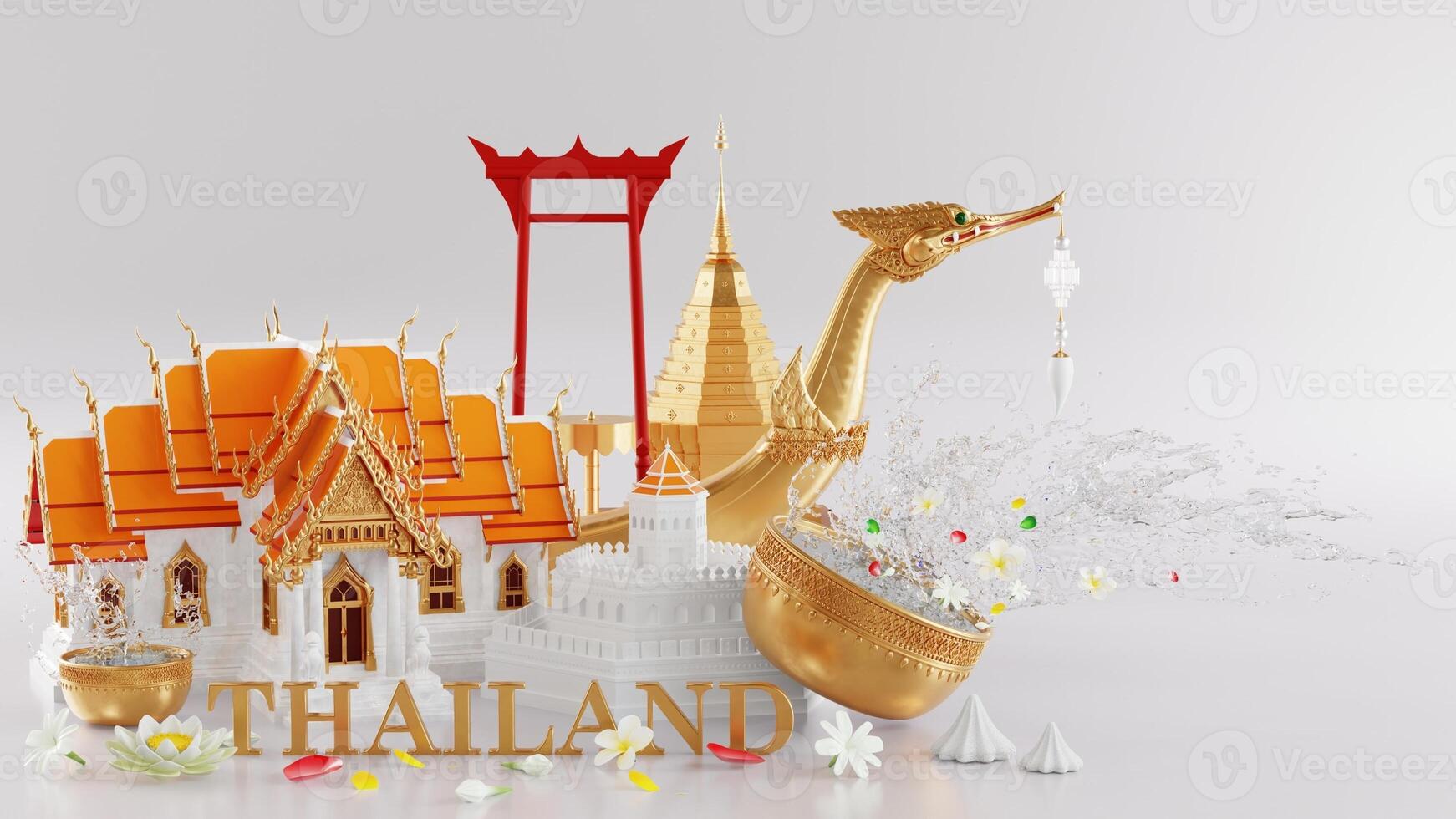 3d rendering illustration background for Songkran festival background in thailand water festival 3d with with blue water splash,thai architecture. photo