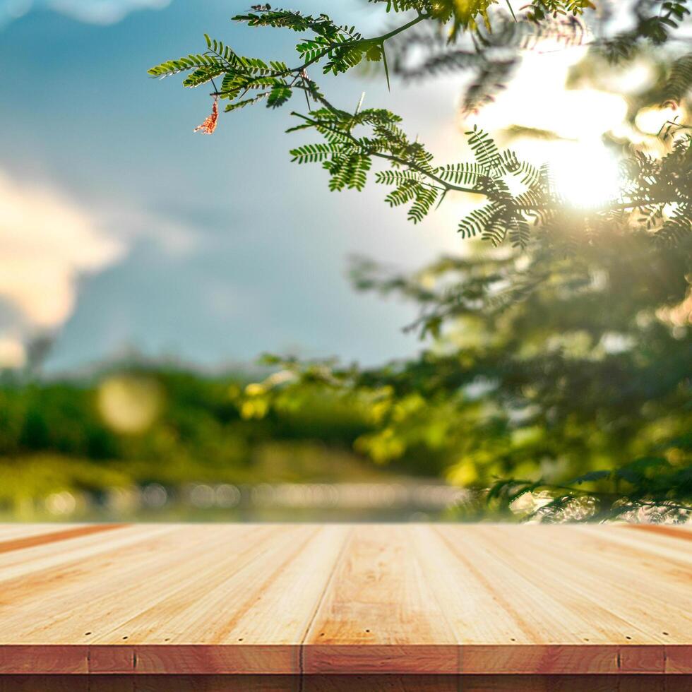 Wooden table top on nature background - can be used for montage or free display of your products photo