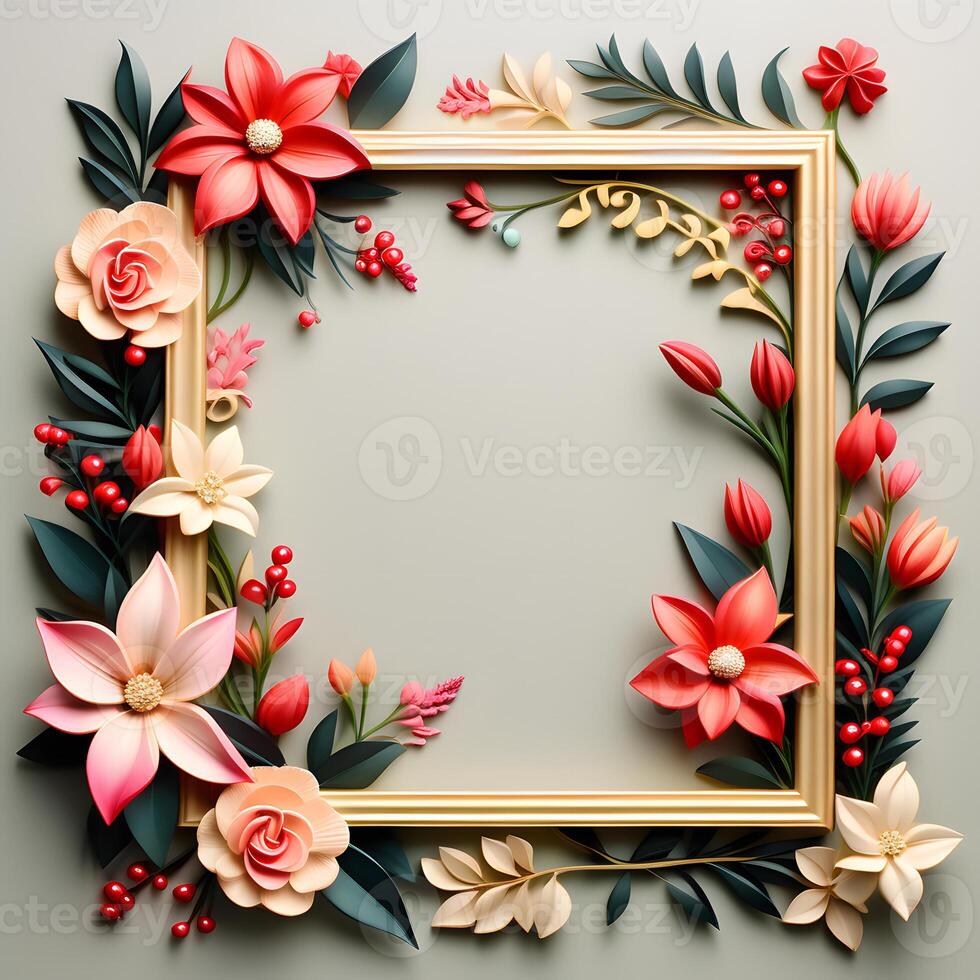 AI generated A Floral Frame Design with Leaves and Flowers photo