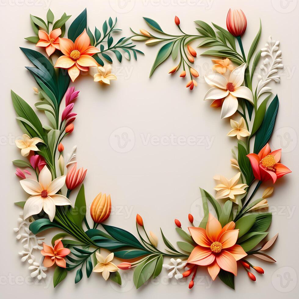 AI generated A Floral Frame Design with Leaves and Flowers photo