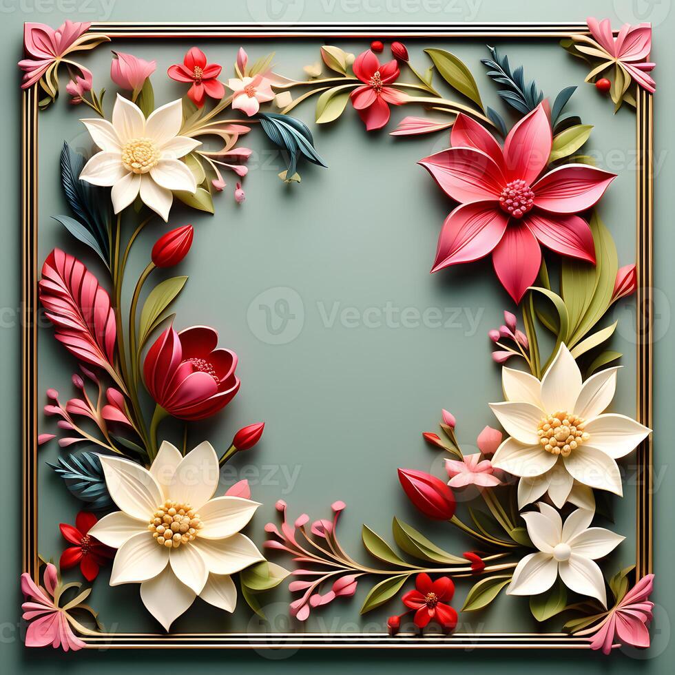 AI generated A Floral Frame Design with Leaves and Flowers photo