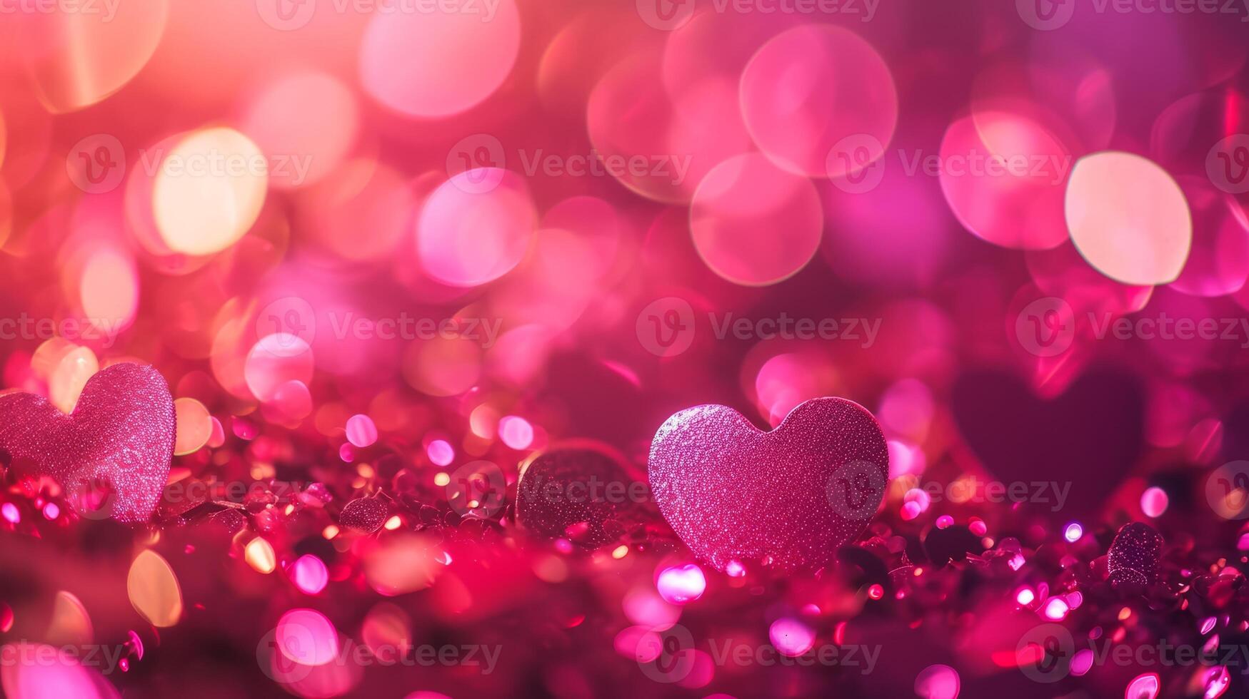AI generated Trendy viva magenta color of the year 2024, pink red hearts, sparkling glitter bokeh panoramic background banner, valentines day abstract defocused texture header photo