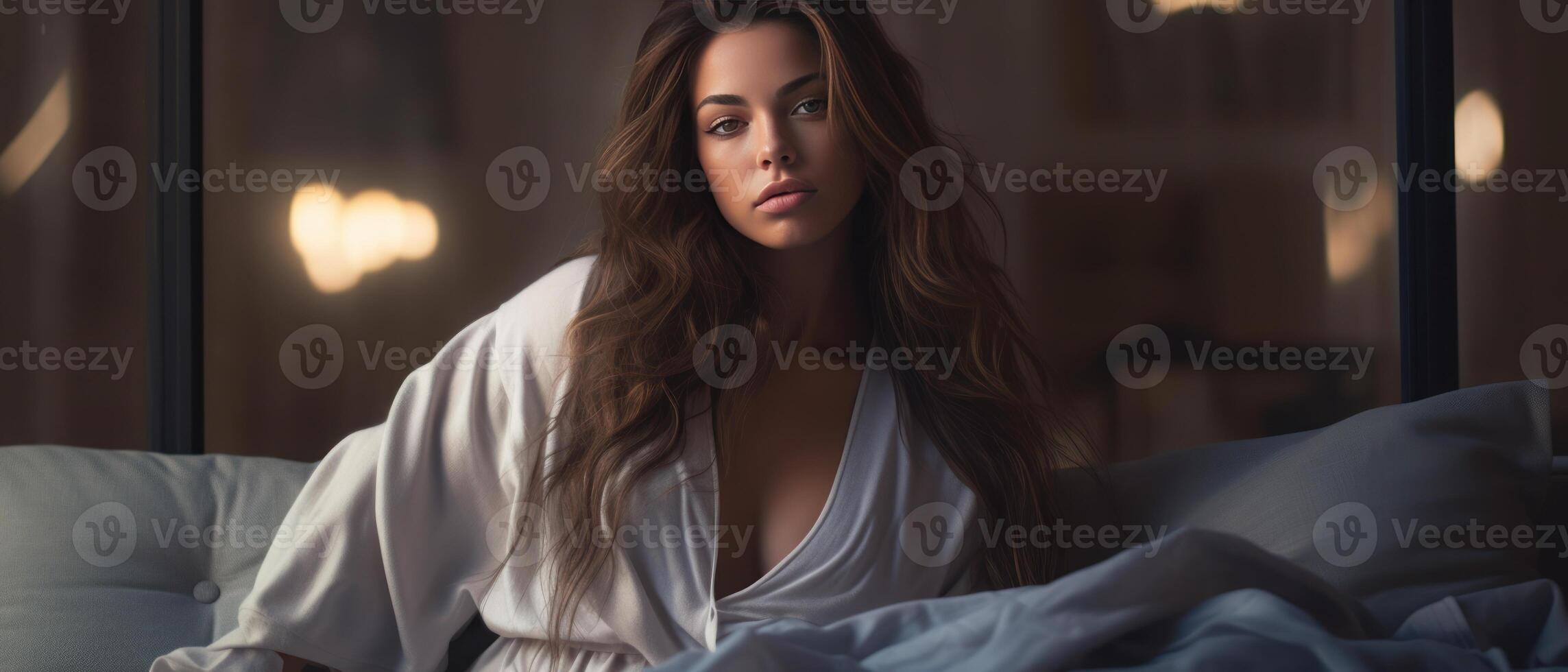 AI generated Serene young woman in a nightgown lounging on a bed. AI generative. photo