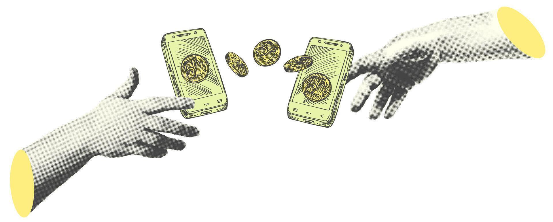 Collage with halftone-style hand statue. Minimalist online payments metaphor concept finance-themed. Idea for banner composition with money, coins and smartphone. Cutouts magazine. Vector illustration