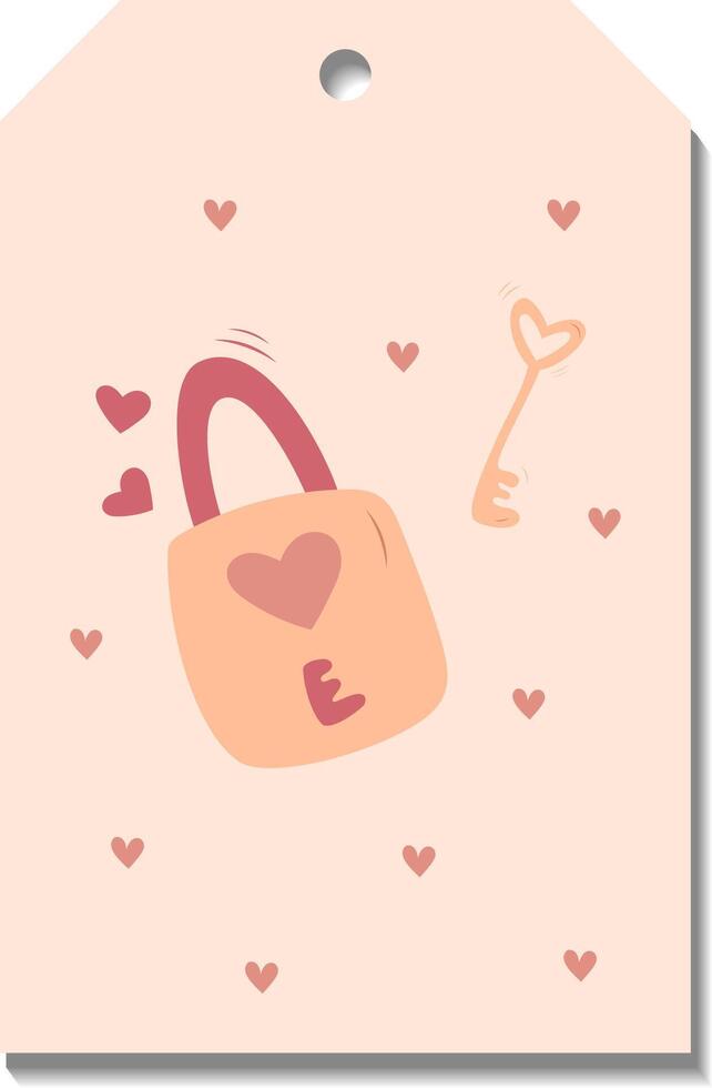 Single hand draw valentine labels,badge isolated on white.Label with lock and key and hearts. Tag in doodle style. Peach fuzz,beige, pink and red colors. vector