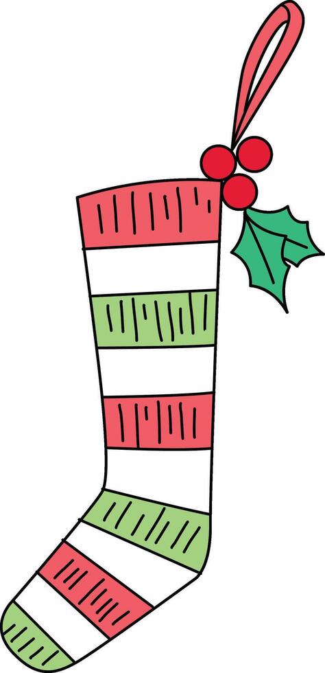 Hand-drawn cartoons decorated Christmas themes, such as stocking stuffers. cartoons depict stockings for Santa Claus, filled with gifts. The stockings hang holly, candy canes, and snowflakes. vector