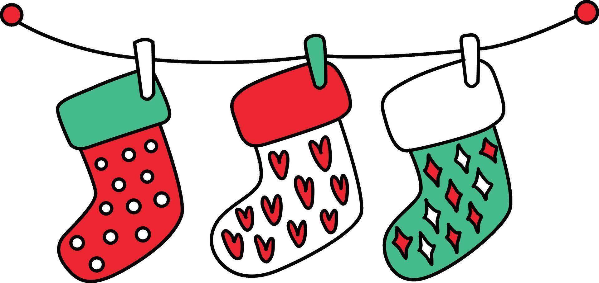 Hand-drawn cartoons decorated Christmas themes, such as stocking stuffers. cartoons depict stockings for Santa Claus, filled with gifts. The stockings hang holly, candy canes, and snowflakes. vector