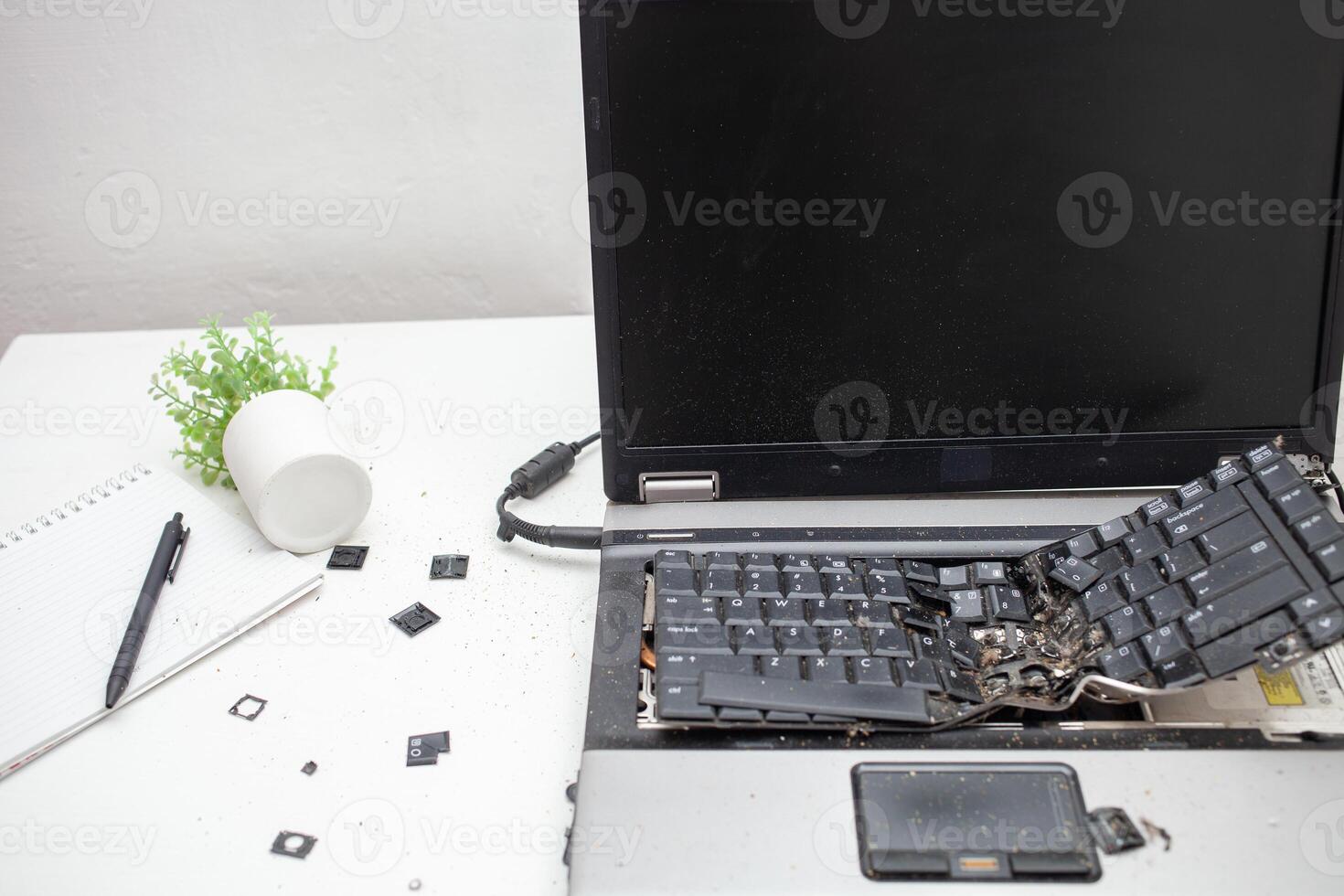 man destroyed laptop with a hammer. Nervous work, buggy computer, errors, slow Internet, not saved in the game, printed text, hung. Bad old computer failed, does not turn on, hangs. without people photo