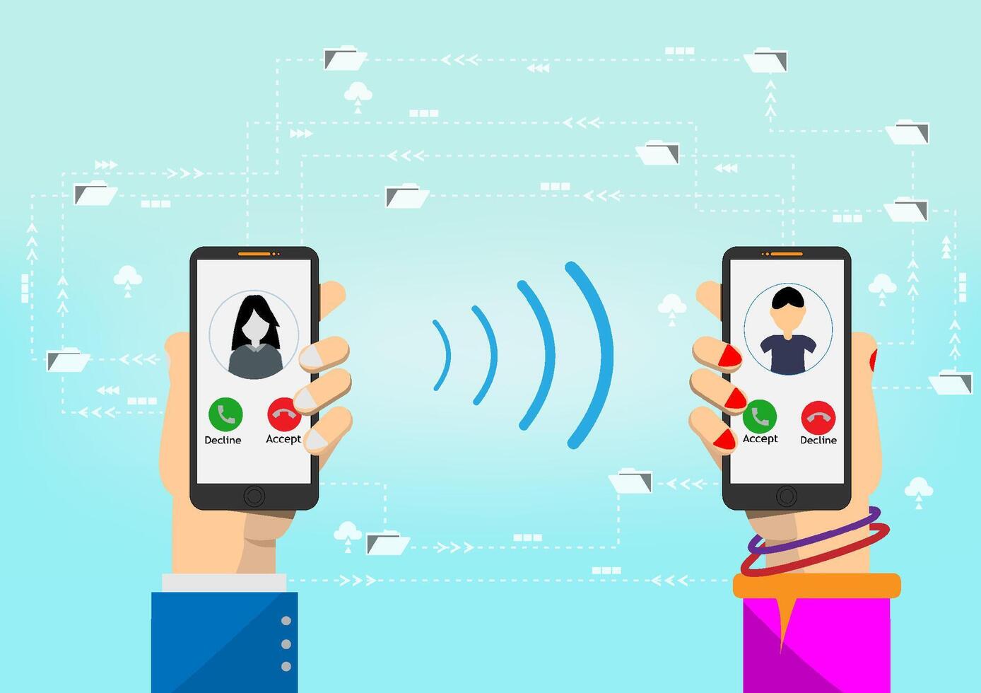 Hand holding smartphone.He is use mobile phone calling woman.They are on blue background.line,Calling service,contact,technology,Vector communicate and flat design vector. vector