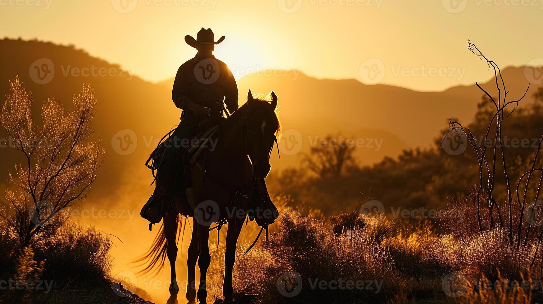 AI generated Silhouette of a cowboy on horseback in the desert at sunset, ai generative photo