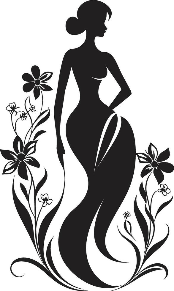 Clean Floral Couture Black Hand Drawn Icon Whimsical Petal Radiance Vector Woman Icon