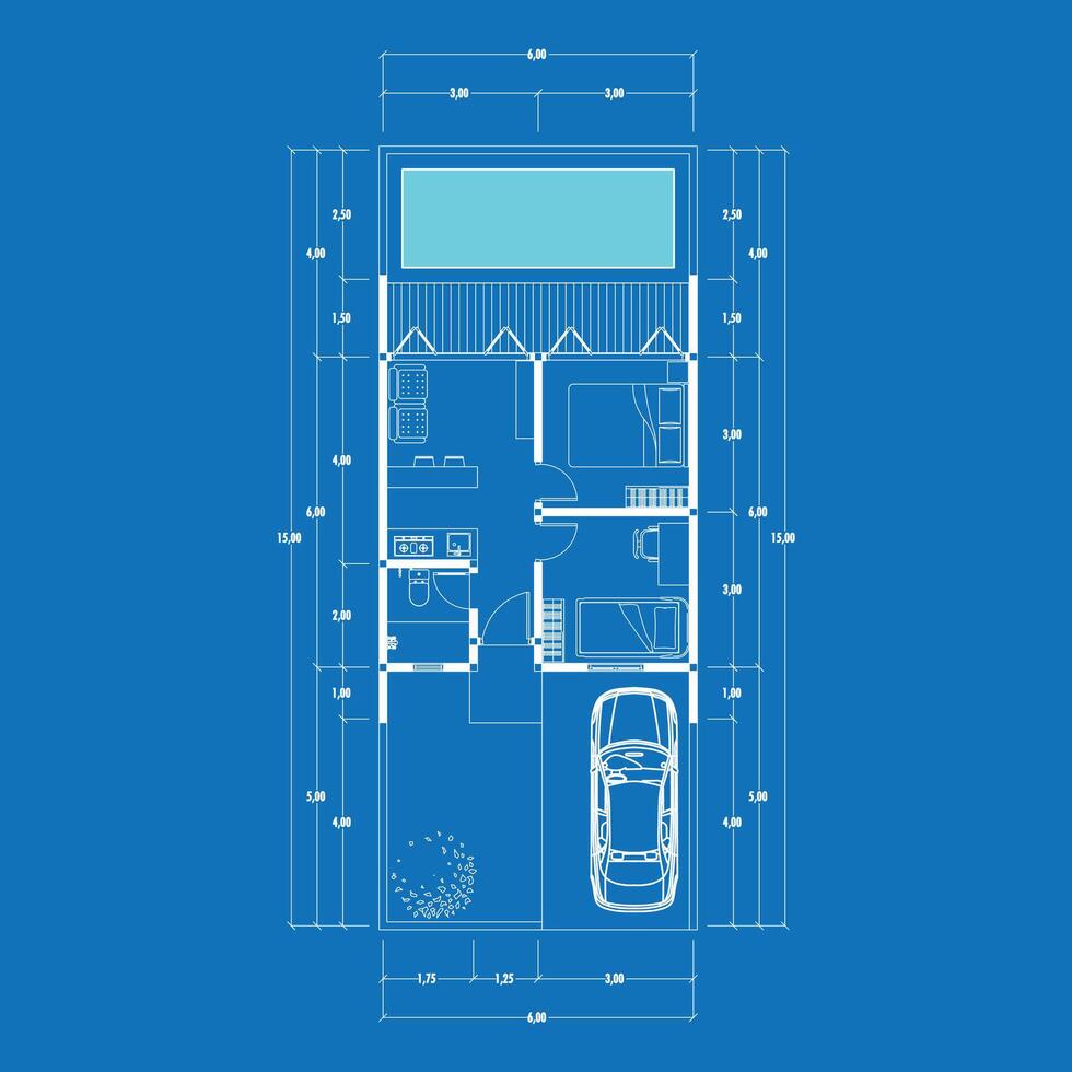 Floor plan blueprint type 36 sqm, Figure of the jotting sketch of the construction and the industrial skeleton of the structure and dimensions. vector eps 10