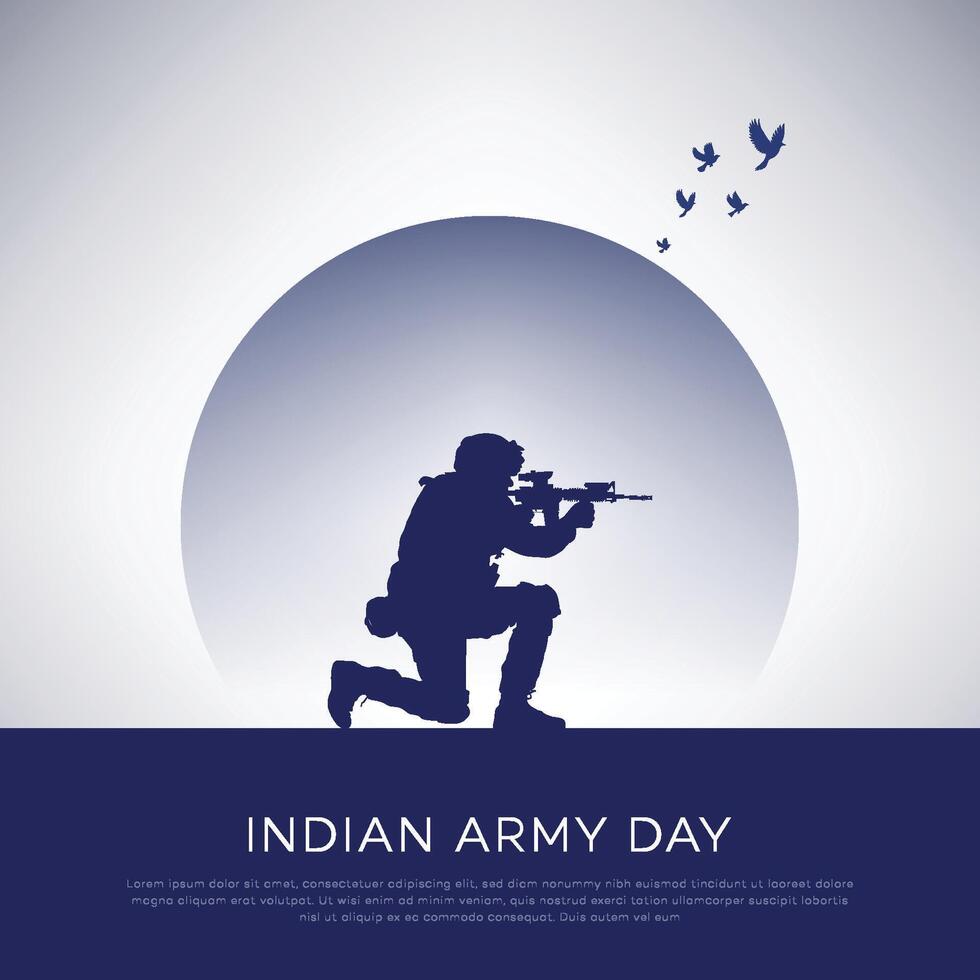 India Army Day poster design, soilder, silhouette. flag, Patriotic Vector, illustration Creative Design, 15 January , social media, post, freedom, gun, vector