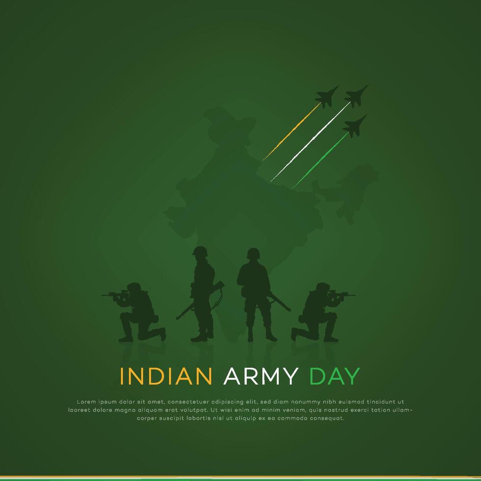 India Army Day poster design, soilder, silhouette. flag, Patriotic Vector, illustration Creative Design, 15 January , social media, post, freedom, gun, vector