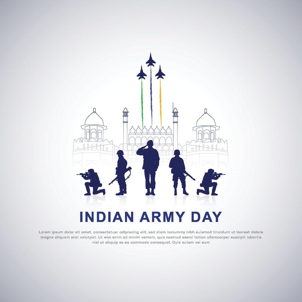 India Army Day poster design, soilder, silhouette. flag, Patriotic Vector, illustration Creative Design, 15 January , social media, post, freedom, gun, vector