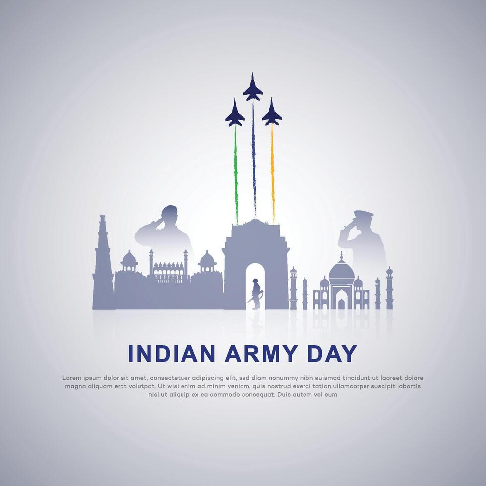 India Army Day poster design, soilder, silhouette. flag, Patriotic Vector, illustration Creative Design, 15 January , social media, post, freedom, gun, vector