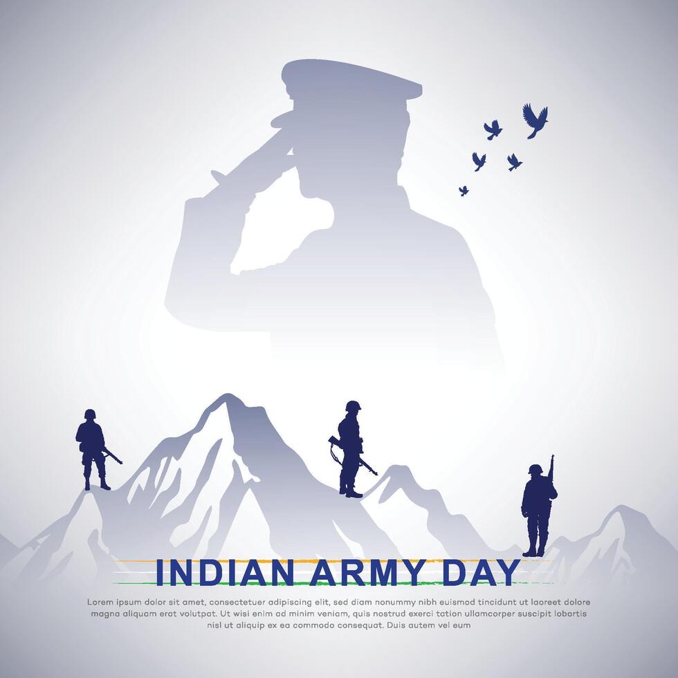 India Ejército día póster diseño, suelo, silueta. bandera, patriótico vector, ilustración creativo diseño, 15 enero , social medios de comunicación, correo, libertad, pistola, vector