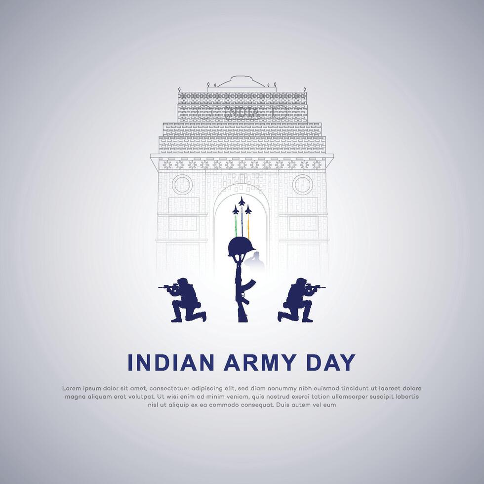 India Army Day poster design, soilder, silhouette. flag, Patriotic Vector, illustration Creative Design, 15 January , social media, post, freedom, gun, vector