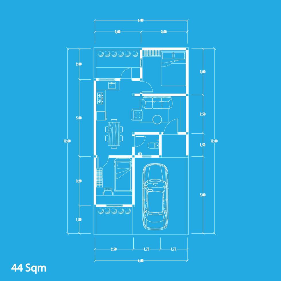 Floor plan blueprint type 44 sqm, Figure of the jotting sketch of the construction and the industrial skeleton of the structure and dimensions. vector eps 10