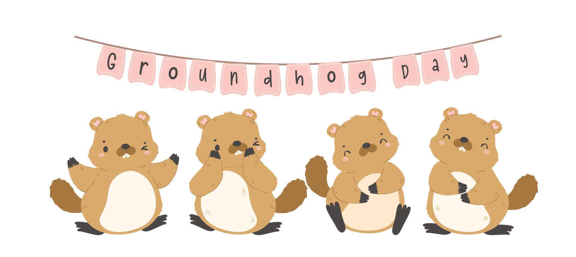 contento marmota día con grupo de alegre dibujos animados marmotas bandera. vector