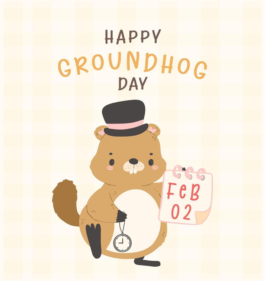 Happy groundhog day with cheerful cartoon groundhog holding calendar Feb 2 and clock vector