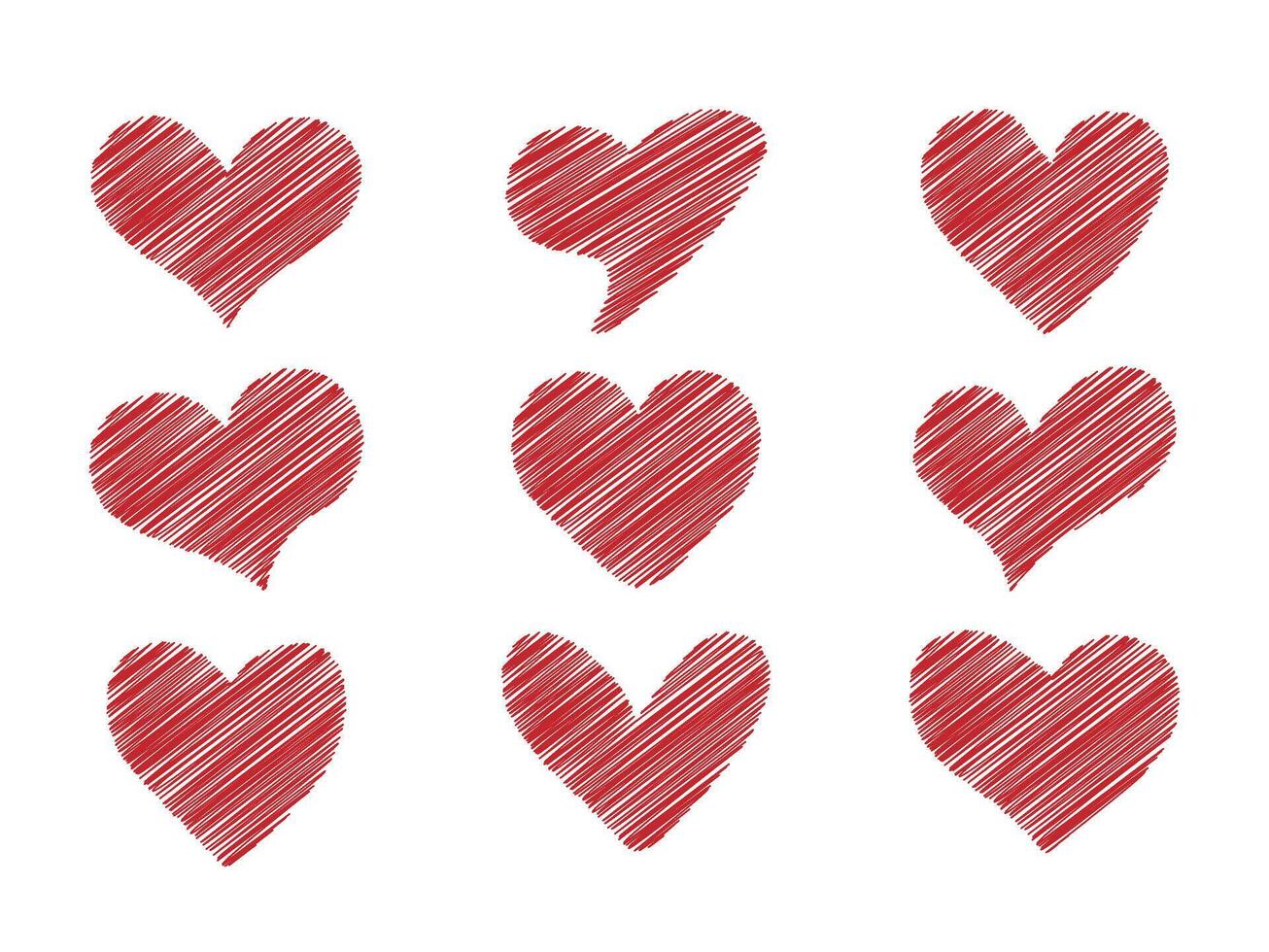 Red hearts with trendy scribble texture. Set of love symbol for web site logo, mobile app UI design. Design elements for Valentine's day vector