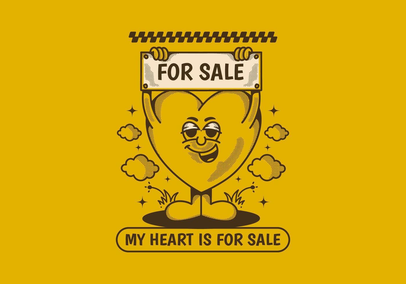 mi corazón es para venta. mascota personaje de un corazón participación un tablero con para rebaja texto vector