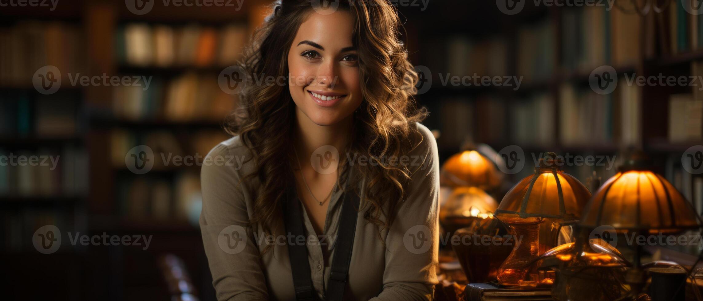 AI generated Trendy female student sitting among bookshelves in an old university library, deeply engrossed in studying. photo