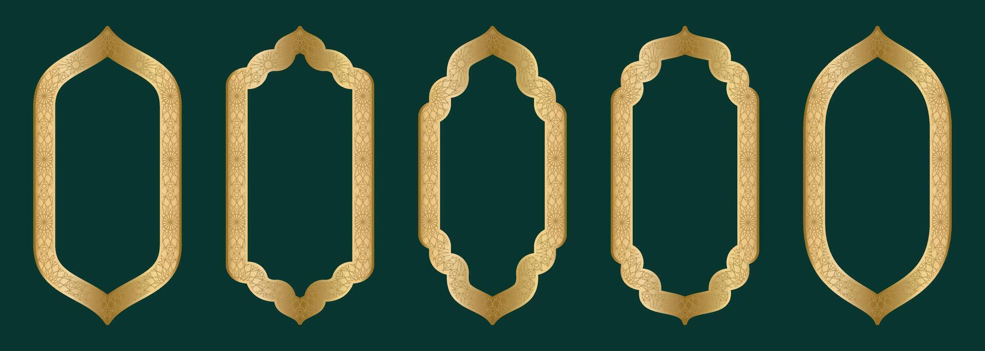 Gold arch frame shape Islamic door or window with geometric girikh pattern, silhouette Arabic arch. Collection in oriental style. Frames in Arabic Muslim design for Ramadan Kareem. Vector illustration