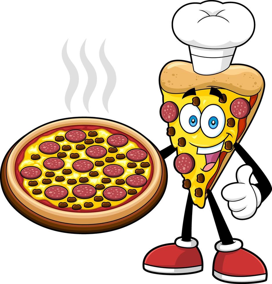 Chef Pizza Slice Cartoon Character Present The Best Pepperoni Pizza. Vector Hand Drawn Illustration