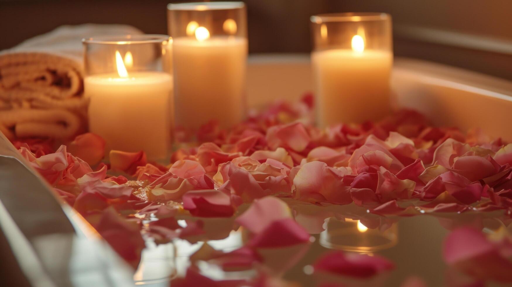 AI generated Rose-petal-filled Tub, Candles, and Aromatic Essential Oils photo